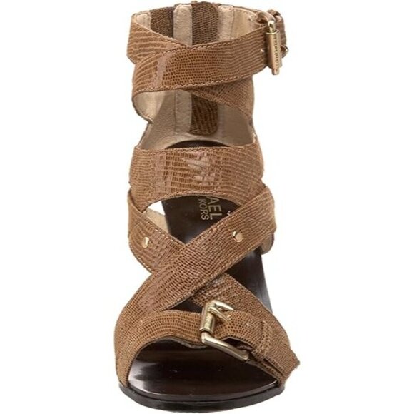 Michael Kors Tatum Cross Strap Reptile Embossed Shimmering Leather Cone Heels - Picture 5 of 6